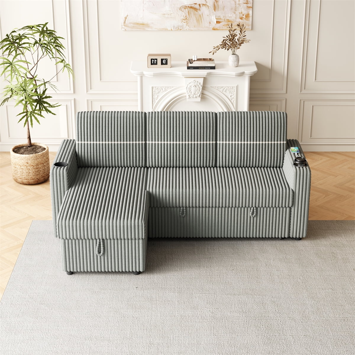85" Corduroy Couch Bed, Modern L Shaped Couch with Convertible Sleeper ...