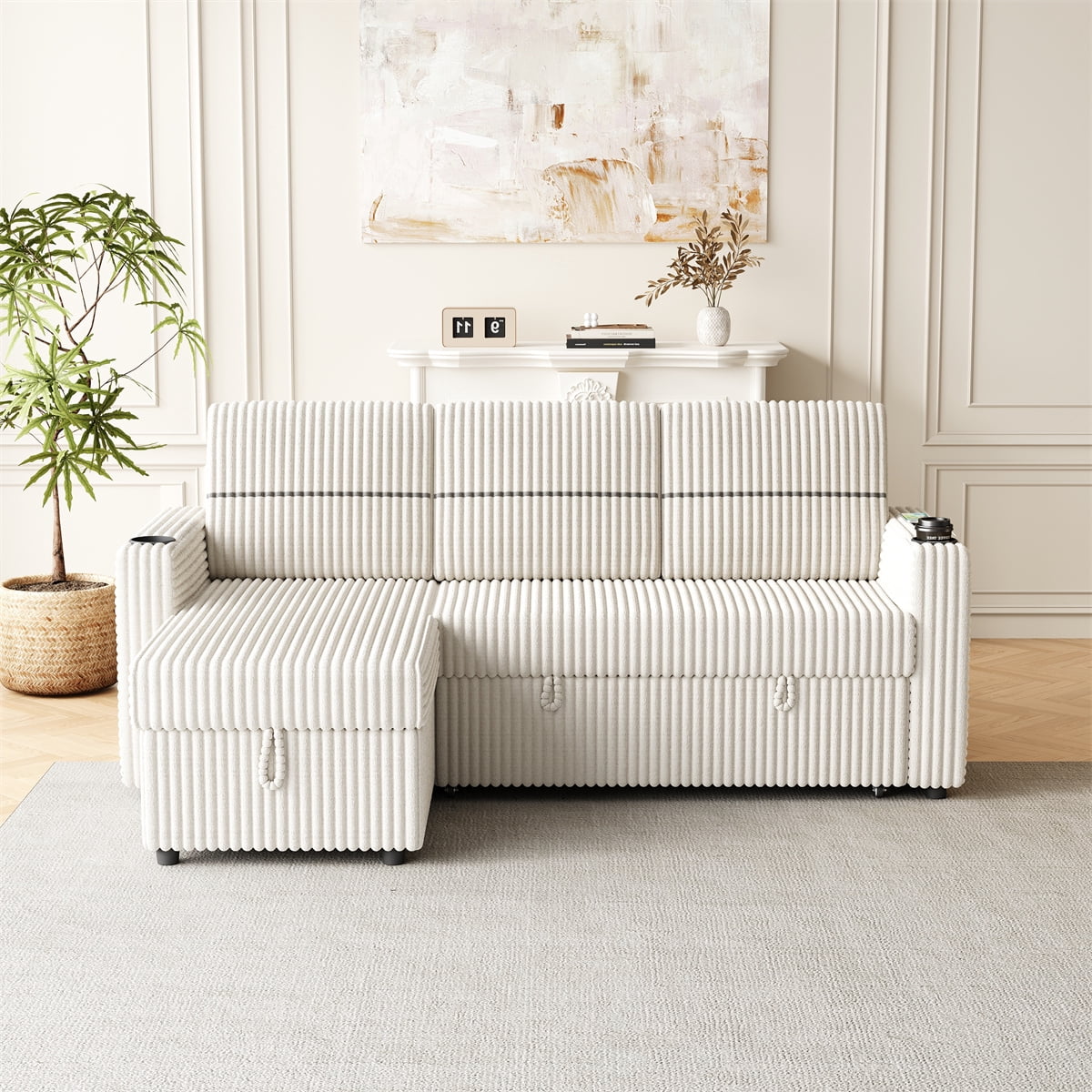 85" Corduroy Couch Bed, Modern L Shaped Couch with Convertible Sleeper ...