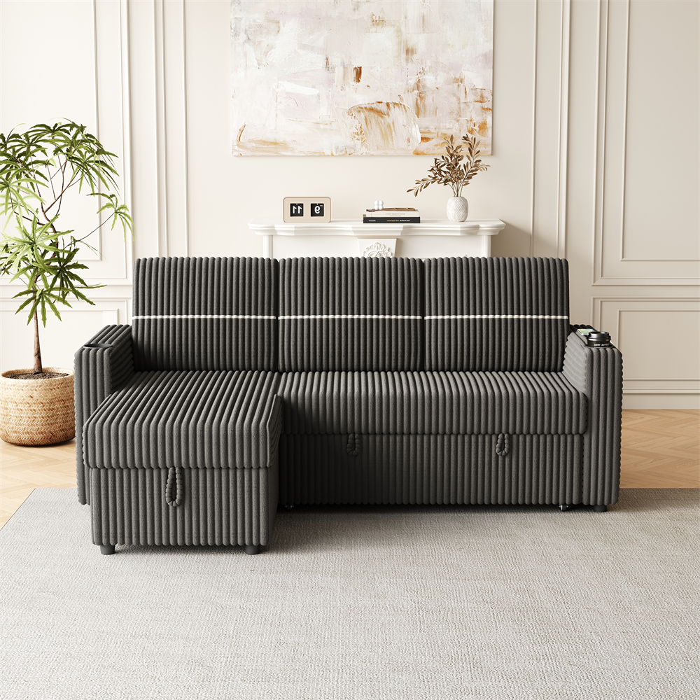 85" Corduroy Couch Bed with Storage Chaise, 3 Seater Convertible ...