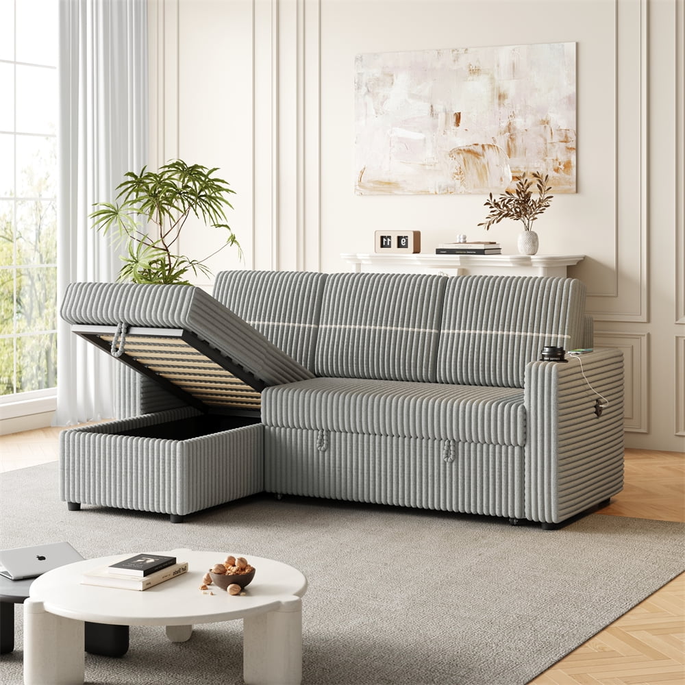 85" Corduroy Couch Bed with Storage Chaise, 3 Seater Convertible ...