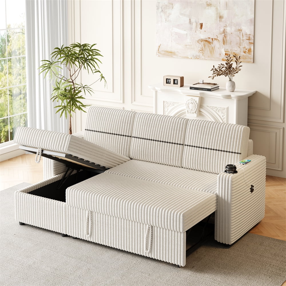 85" Corduroy Couch Bed with Storage Chaise, 3 Seater Convertible ...
