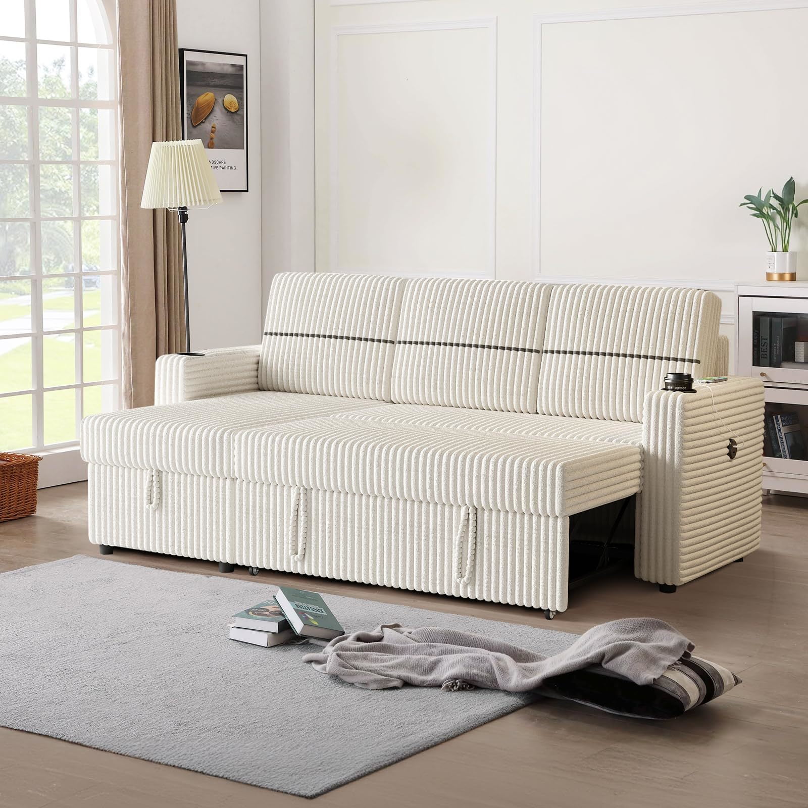 85" Corduroy Sofa Bed with Storage Chaise, L Shaped 3 Seat Sectional
