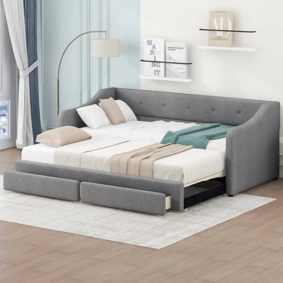 85" Expandable Daybed, Convertible Sofa Bed, Upholstered Sleeper with expandable design pull-out trundle storage drawers stylish upholstery for compact spaces, Gray