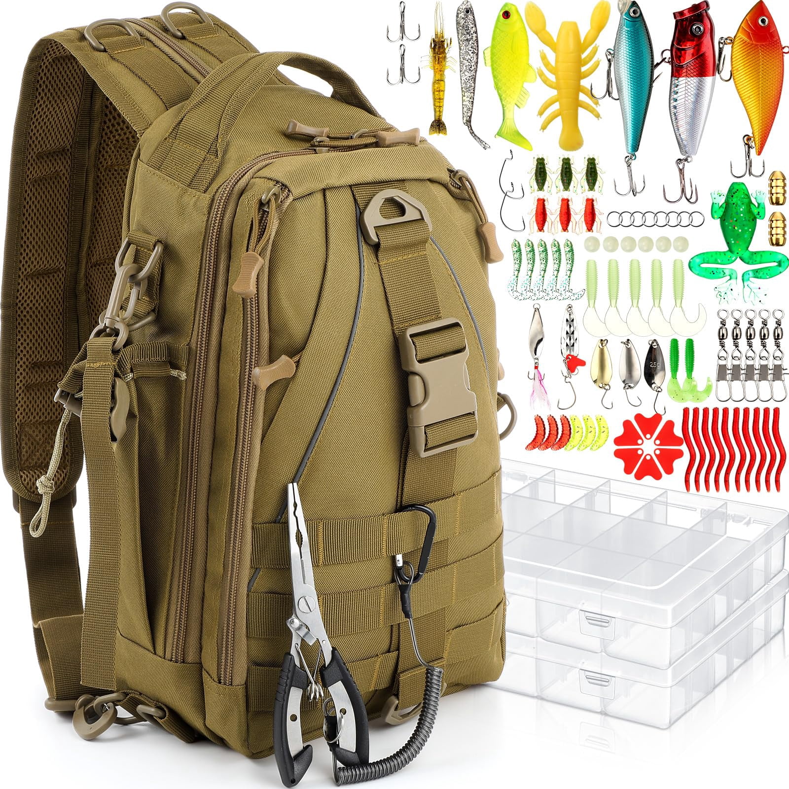 85 Fishing Backpack With Tackle Boxes  Sling Bag Rod Holder Fish Lures Kit And Pliers Set Easter Gift Basket For Men Women