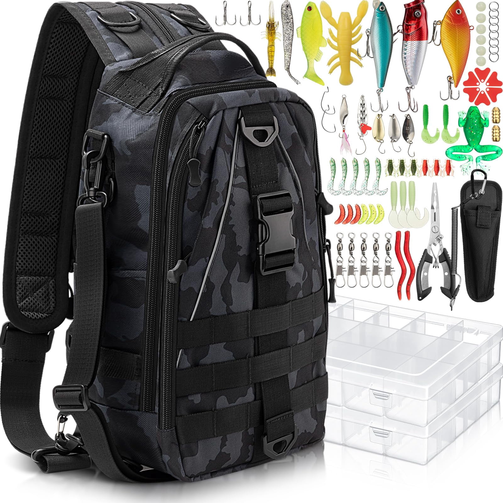 85 Fishing Backpack With Tackle Boxes  Sling Bag Rod Holder Fish Lures Kit And Pliers Set Easter Gift Basket For Men Women