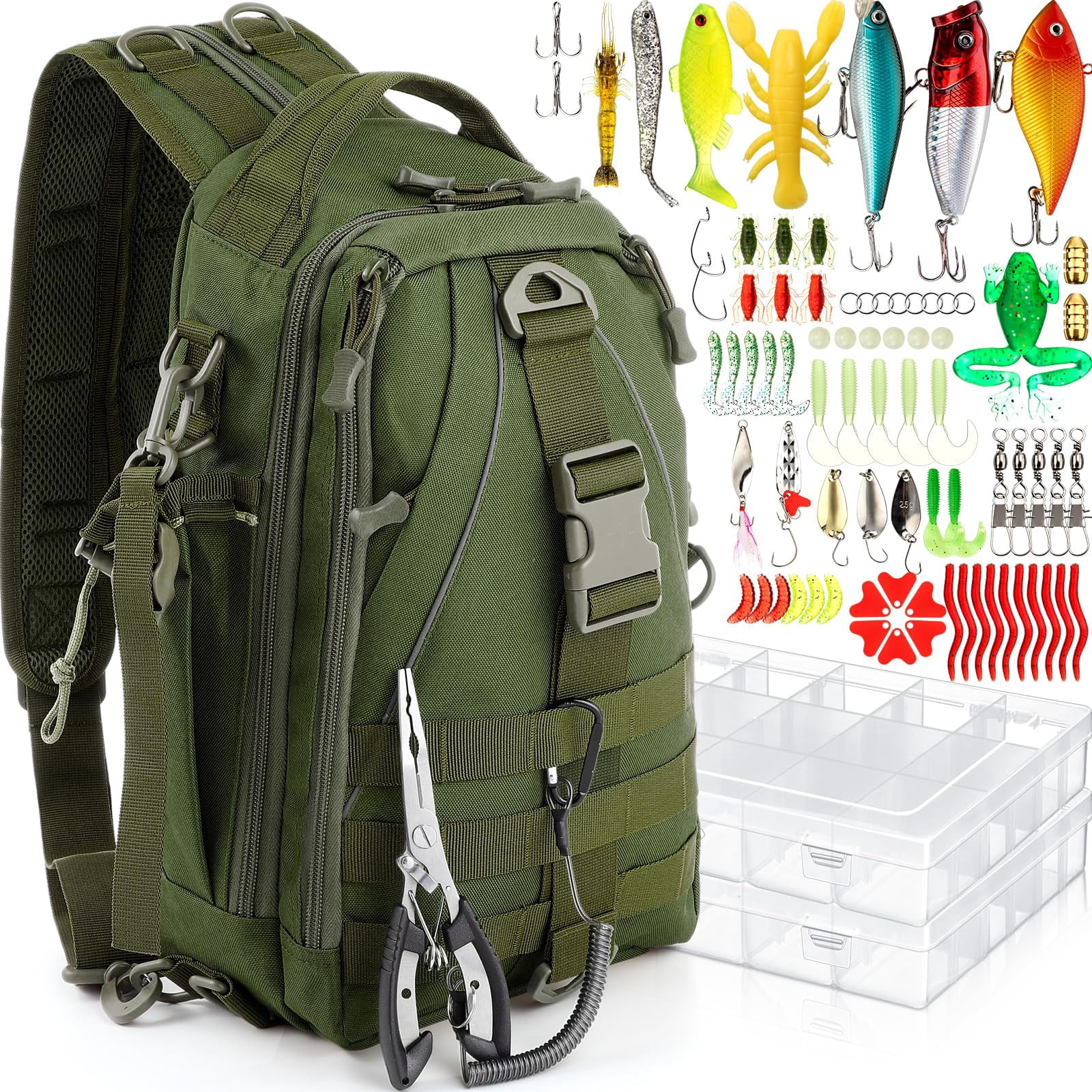 85 Fishing Backpack With Tackle Boxes  Sling Bag Rod Holder Fish Lures Kit And Pliers Set Easter Gift Basket For Men Women