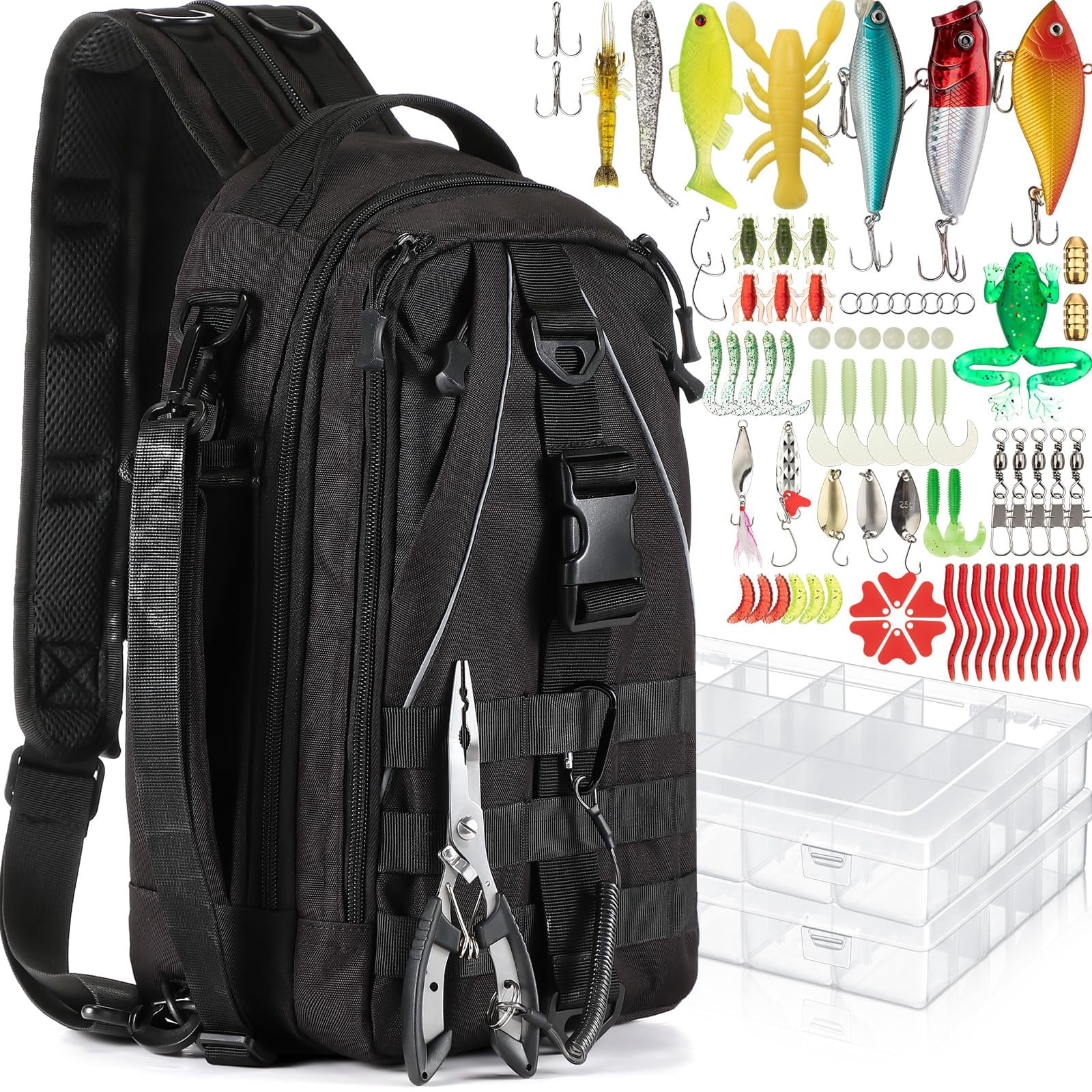 85 Fishing Backpack With Tackle Boxes  Sling Bag Rod Holder Fish Lures Kit And Pliers Set Easter Gift Basket For Men Women