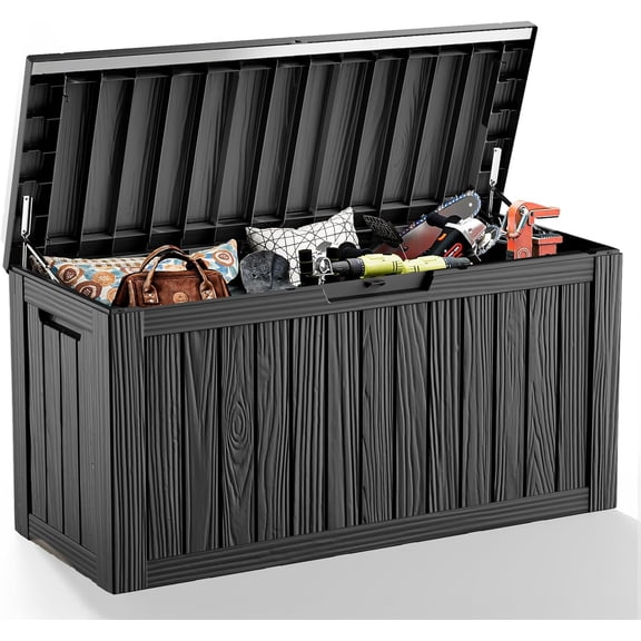 85 Gallon Deck Box Waterproof, Outdoor Storage Box Lockable for Patio Cushions, Garden Tools Accessories with Hydraulic Rod, UV-Resistant and Durable for Patio, Garden Use