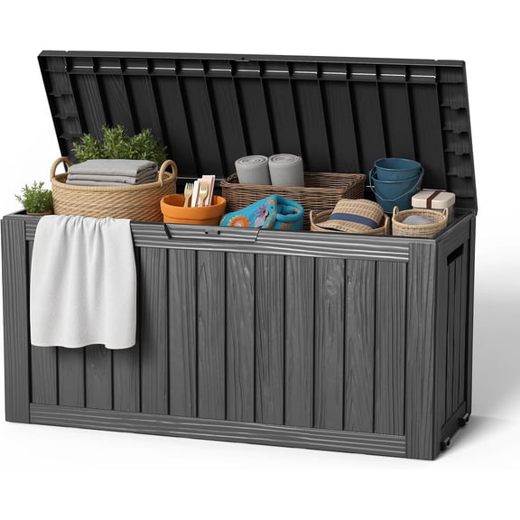85 Gallon Outdoor Storage Box, Resin Waterproof UV-Resistant Deck Box, Reinforced Stability for Patio, Garden, and Poolside, Striped Black