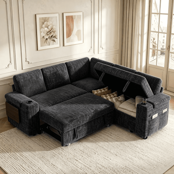 85" Grey Chenille Modular 5-seater L-shaped Sectional Sleeper Sofa Bed with Pull Out Bed,USB Ports,Cup Holders,Side Pockets,Armrest Storage