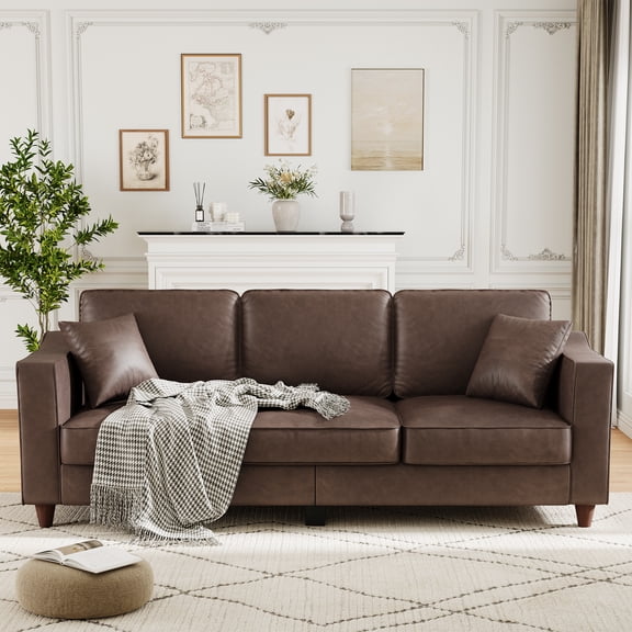 85-Inch 3-Seater Faux Leather Sofa with Deep Seats, Wide Armrests, Back Cushions, Wood Legs & 2 Throw Pillows for Living Room or Office