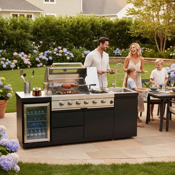 85-Inch 4-Burner Propane Gas Outdoor Kitchen Grill Island - 72000 BTU Stainless Steel BBQ, Refrigerator, Rotisserie, Stainless Countertops, Soft-Close Storage, For Patio, Lawn, Backyard, Black