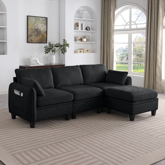 85 Inch BLACK Chenille Modular Sectional Sofa, L-Shaped Cloud Couch with Storage Ottoman, DIY Combination for Living Room