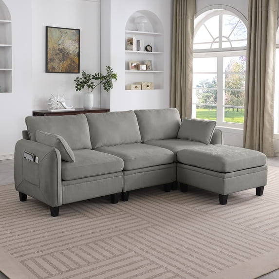 85 Inch DARK GREY Chenille Modular Sectional Sofa, L-Shaped Cloud Couch with Storage Ottoman, DIY Combination for Living Room