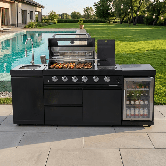 85-Inch Modular Outdoor Kitchen Island Grill Combo, Premium 304 Marine Grade Stainless Steel 72,000 BTU 4-Burner Gas BBQ Station with Outdoor Refrigerator, Stainless Steel Sink,Granite Countertop