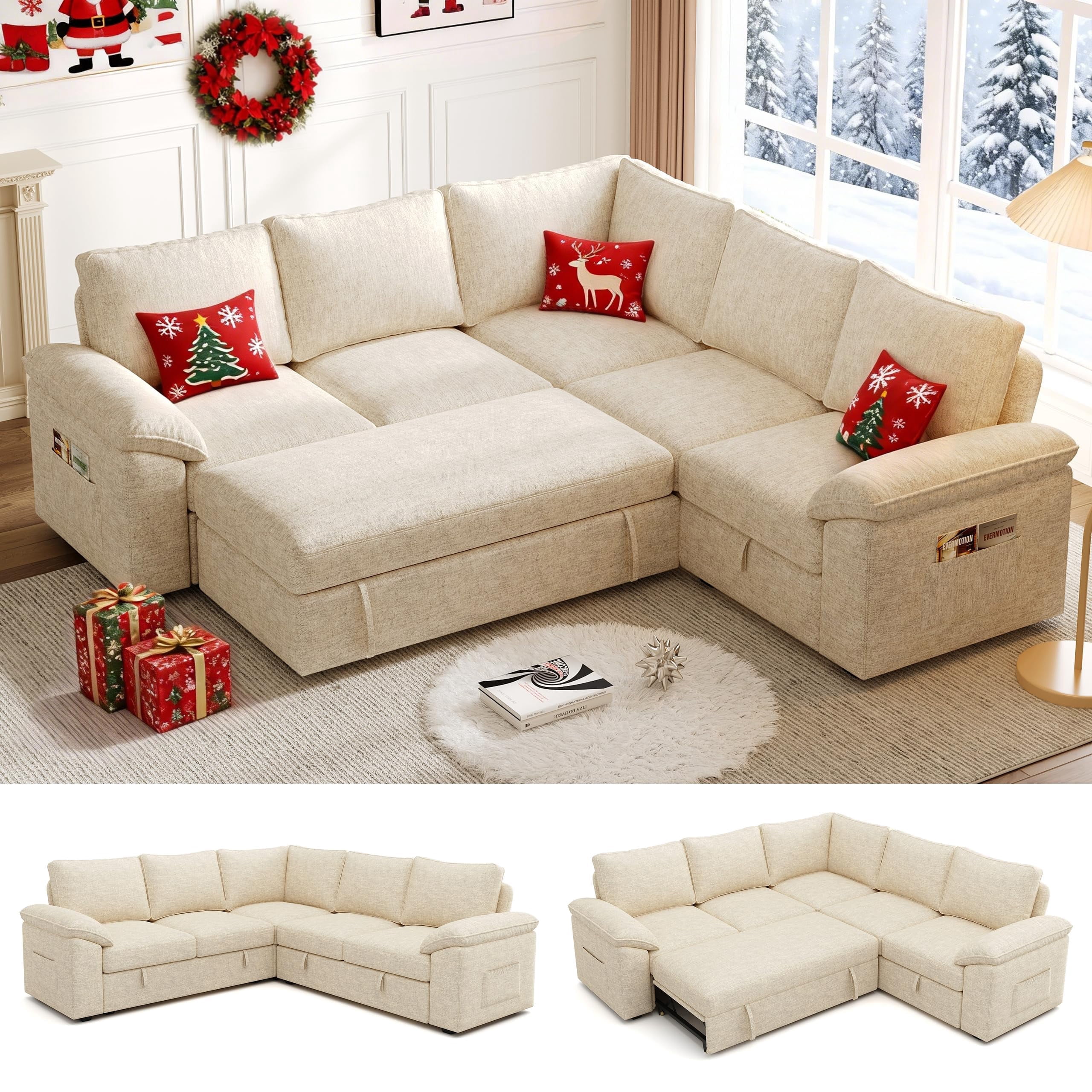 85 Inch Modular Sectional Sofa Couch with Pull Out Bed, L Shaped 5 Seat ...