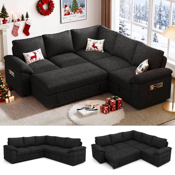 85 Inch Modular Sectional Sofa Couch with Pull Out Bed, L Shaped 5 Seat Cloud Sectional Sleeper Sofa with Storage, Removable Sofa Cover, Black