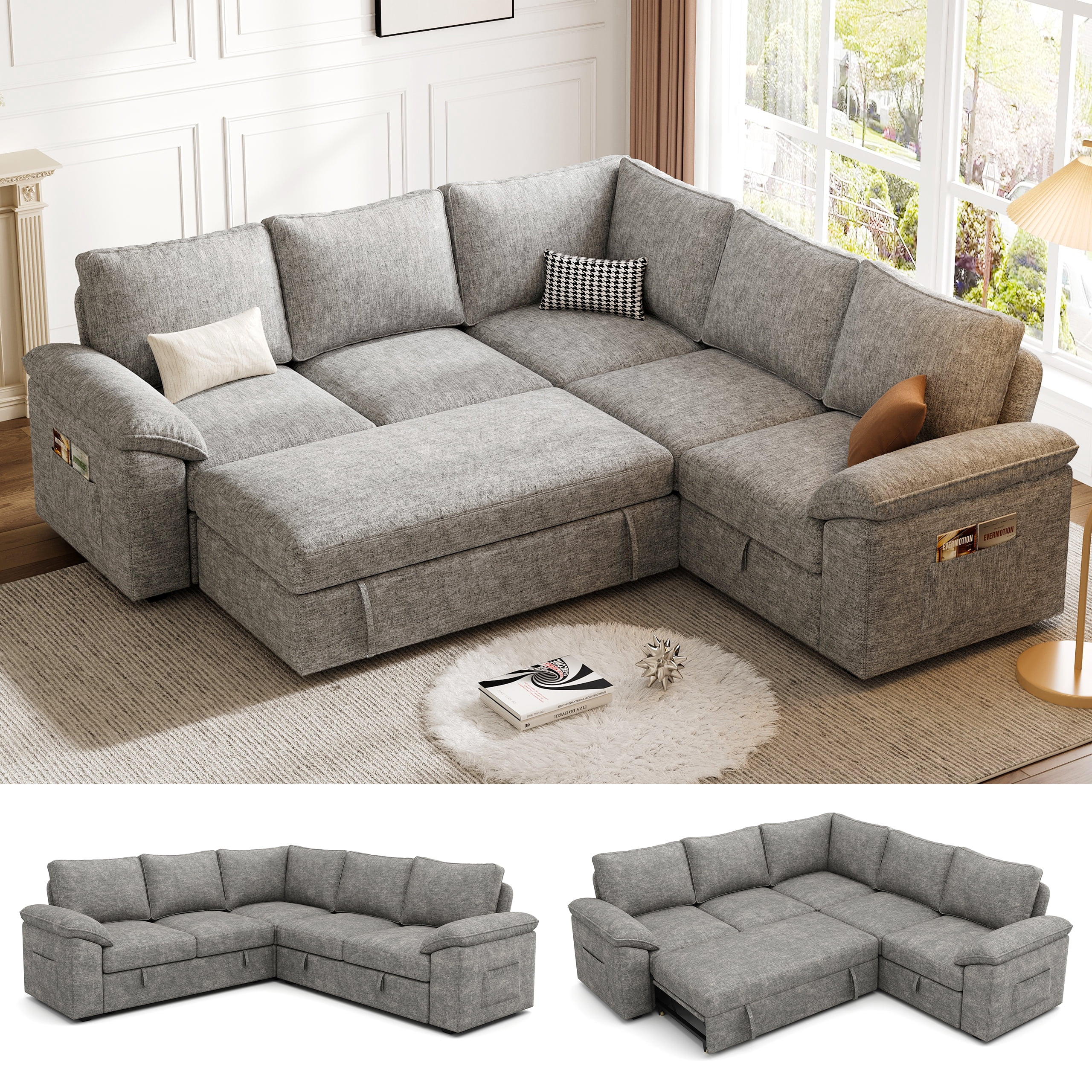 85 Inch Modular Sectional Sofa Couch with Pull Out Bed, L Shaped 5 Seat ...