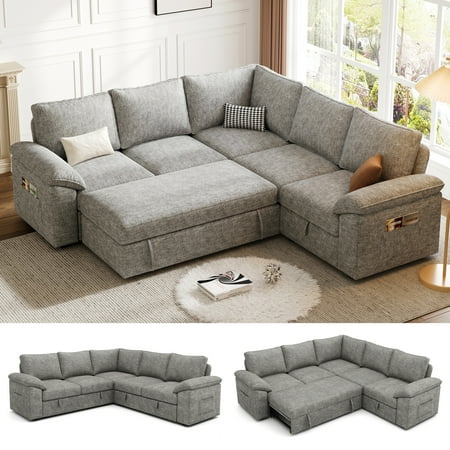 85 Inch Modular Sectional Sofa Couch with Pull Out Bed, L Shaped 5 Seat Cloud Sectional Sleeper Sofa with Storage, Removable Sofa Cover, Light Gray