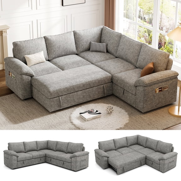 85 Inch Modular Sectional Sofa Couch with Pull Out Bed, L Shaped 5 Seat Cloud Sectional Sleeper Sofa with Storage, Removable Sofa Cover, Light Gray