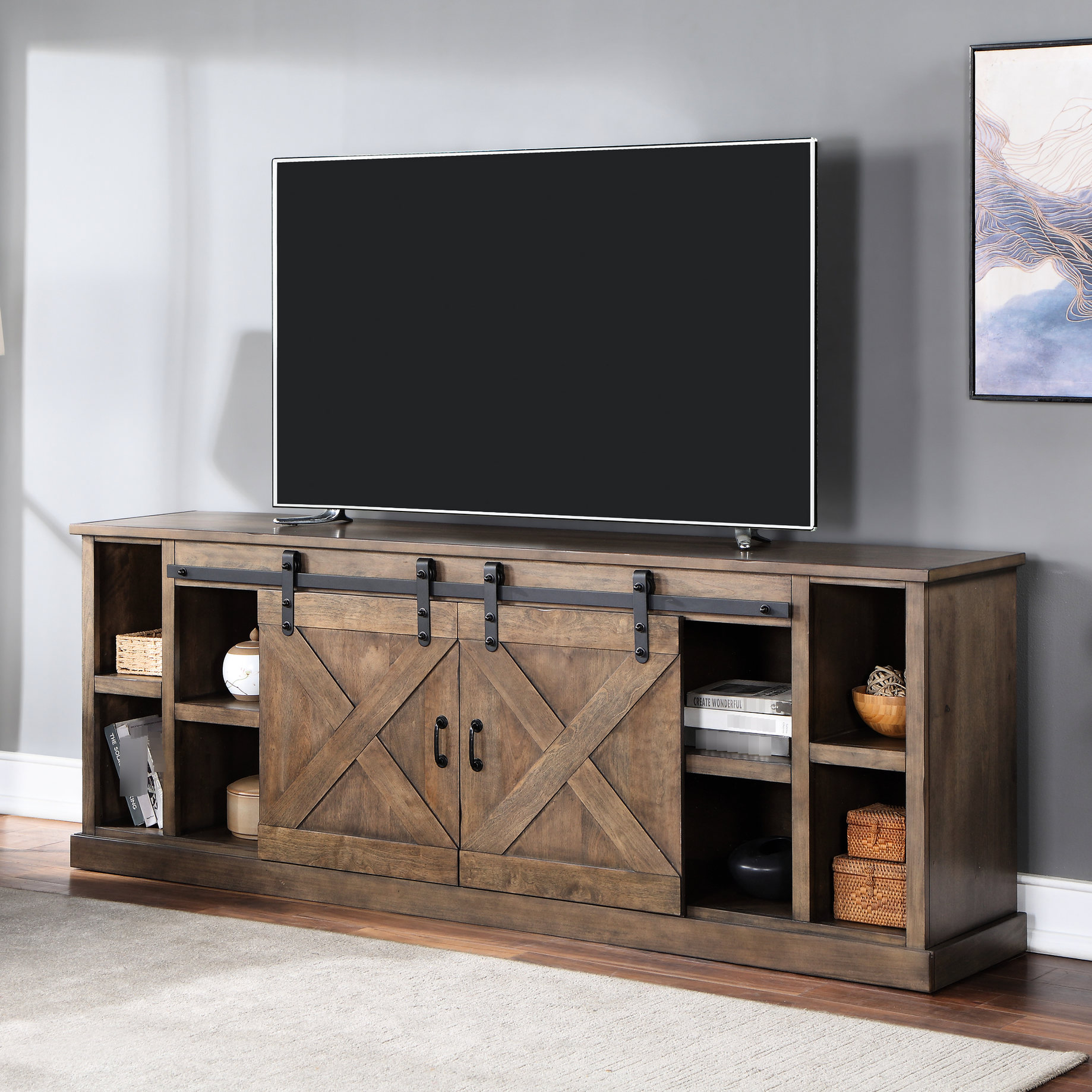 85-Inch TV Stand | For Up to 95-Inch TVs | No Assembly, Barnwood Finish ...