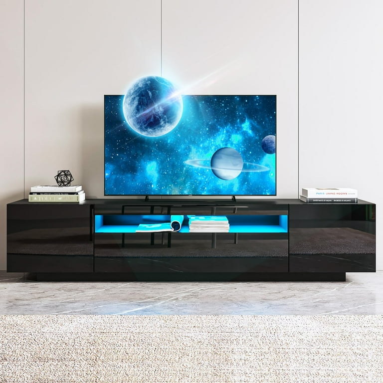 85 Inch TV Stand with LED Lights Modern LED Entertainment Center with Storage Cabinet High Gloss Media TV Console Entertainment Stand With