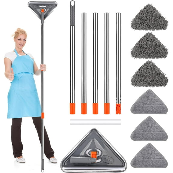85 Inch Wall Mop Wall Cleaner with Long Handle, 360° Rotating Microfiber Dust Mop, Skirting Cleaning Tool Ceiling Gasket Window Cleaning Kit with 6 Replacement Pads and 25" to 85" Extension Pole