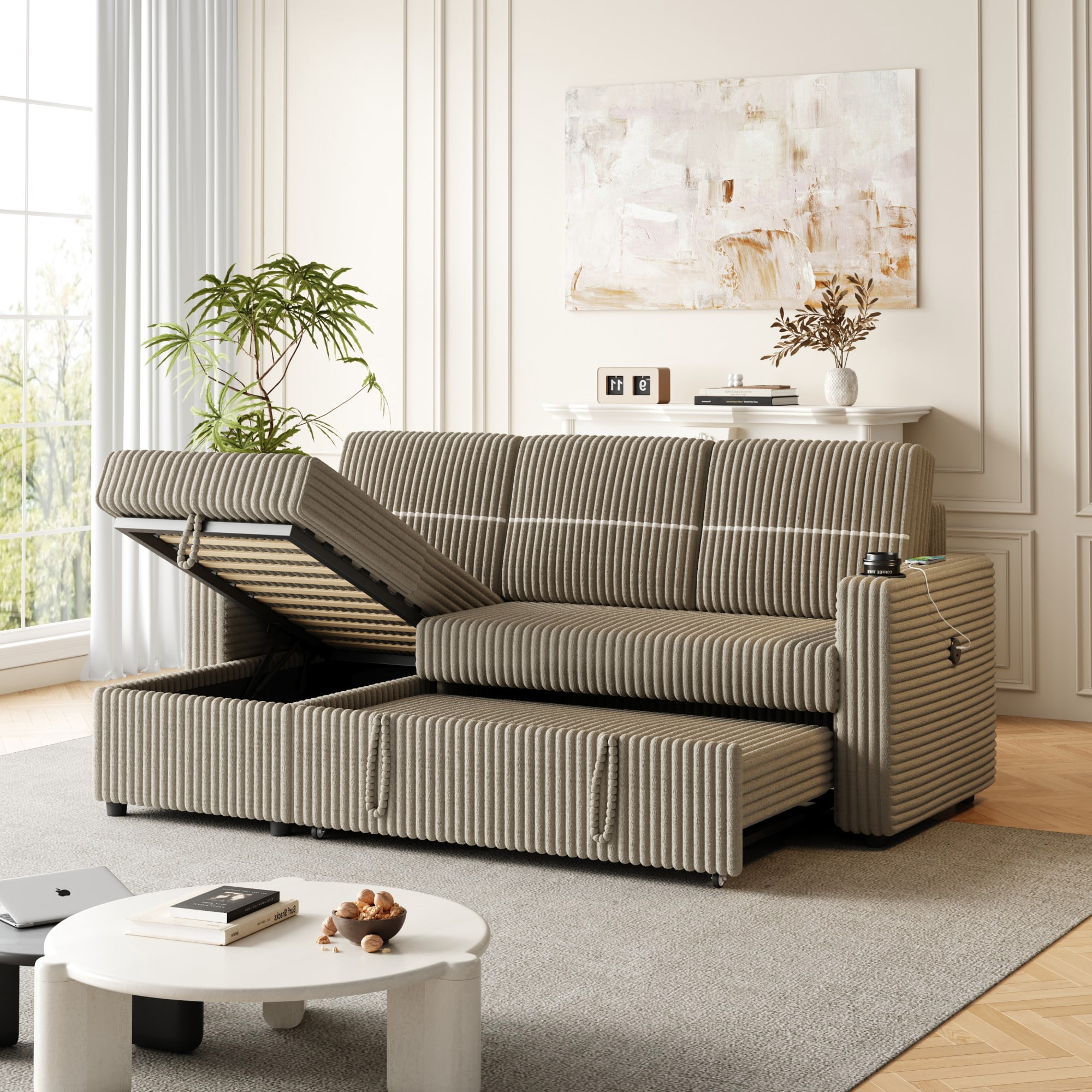 85 Inches Corduroy Sofa Bed, 3 Seater Sleeper Sofa with Storage Chaise