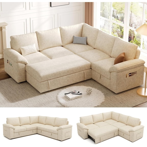 85" L Shaped 5 Seat Modular Sectional Sofa with Pull Out Bed,Sleeper Sofa with Storage, Beige