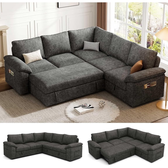 85" L Shaped 5 Seat Modular Sectional Sofa with Pull Out Bed,Sleeper Sofa with Storage, Dark Gray