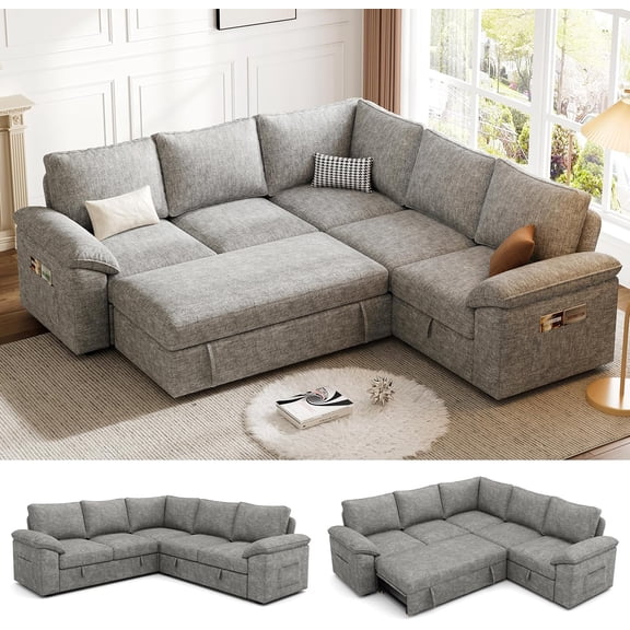 85" L Shaped 5 Seat Modular Sectional Sofa with Pull Out Bed,Sleeper Sofa with Storage, Light Gray