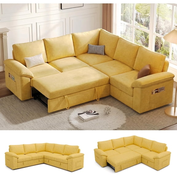 85" L Shaped 5 Seat Modular Sectional Sofa with Pull Out Bed,Sleeper Sofa with Storage, Yellow