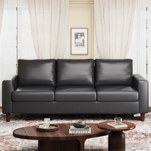 85" Leather Couch for Living Room, Modern Leather Sofa with Padded Backrest, Upholstered Sofa with Deep Seat, 3-seat Sofa for Living Room, Bedroom, Office, Black