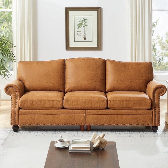IINNOV ZBOM 85" W Faux Leather Sofa, Mid-Century Modern 3 Seater Couch with Rolled Arms and Nailhead Trim, Brown