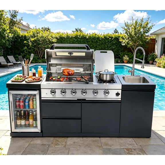 85" Modular Outdoor Kitchen Island with 4-Burner 72,000 BTU Stainless Steel Propane Grill, Rotisserie, Refrigerator, Sink & Granite Countertop