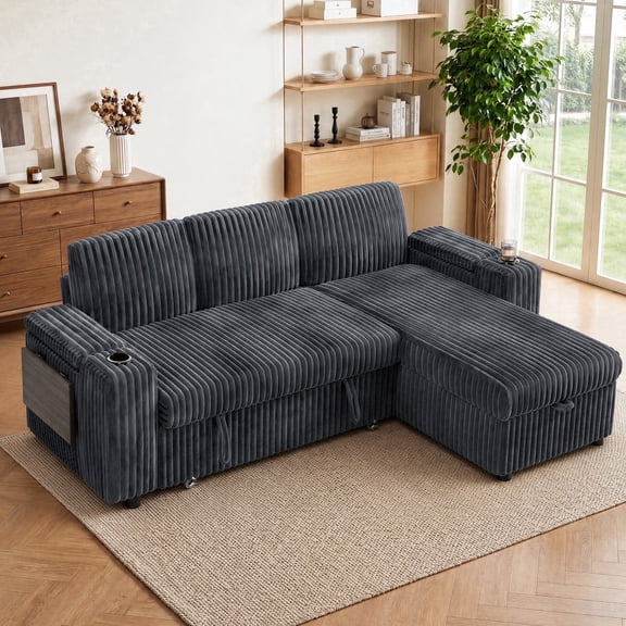 85" Modular Sectional Sleeper Sofa with Pull Out Bed, 3 Seat Plush L Shaped Couch with Storage Chaise|USB Ports|Cup Holders|Side Table|Storage Armrests, Tool Free Assembly, Corduroy Fabric Dark Gray