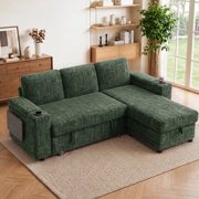 85" Modular Sectional Sleeper Sofa with Pull Out Bed, 3 Seat Plush L Shaped Couch with Storage Chaise|USB Ports|Cup Holders|Side Table|Storage Armrests, Tool Free Assembly, Chenille Fabric Green