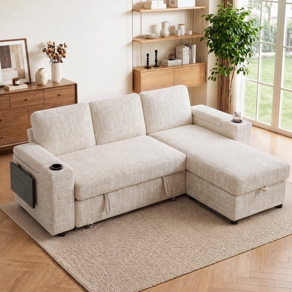 85" Modular Sectional Sleeper Sofa with Pull Out Bed, 3 Seat Plush L Shaped Couch with Storage Chaise|USB Ports|Cup Holders|Side Table|Storage Armrests, Tool Free Assembly, Chenille Fabric Beige