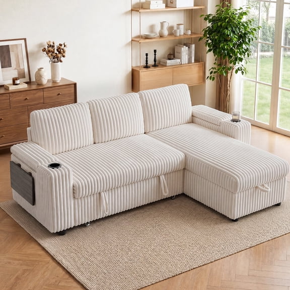 85" Modular Sectional Sleeper Sofa with Pull Out Bed, 3 Seat Plush L Shaped Couch with Storage Chaise|USB Ports|Cup Holders|Side Table|Storage Armrests, Tool Free Assembly, Corduroy Fabric White