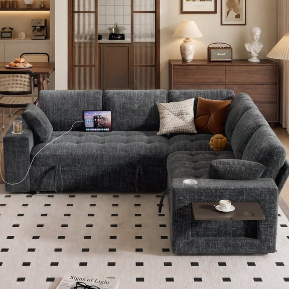 85" Modular Sectional Sleeper Sofa with Pull Out Bed, 5 Seat Chenille L Shaped Couch with USB Ports|Cup Holders|Side Table|Storage Loveseat, Tool Free Assembly, Dark Grey