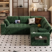 85" Modular Sectional Sleeper Sofa with Pull Out Bed, 5 Seat Chenille L Shaped Couch with USB Ports|Cup Holders|Side Table|Storage Loveseat, Tool Free Assembly, Green
