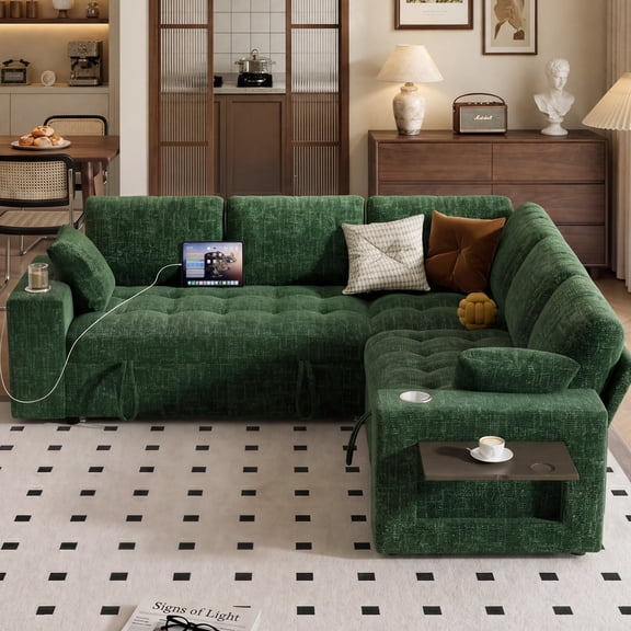 85" Modular Sectional Sleeper Sofa with Pull Out Bed, 5 Seat Chenille L Shaped Couch with USB Ports|Cup Holders|Side Table|Storage Loveseat, Tool Free Assembly, Green