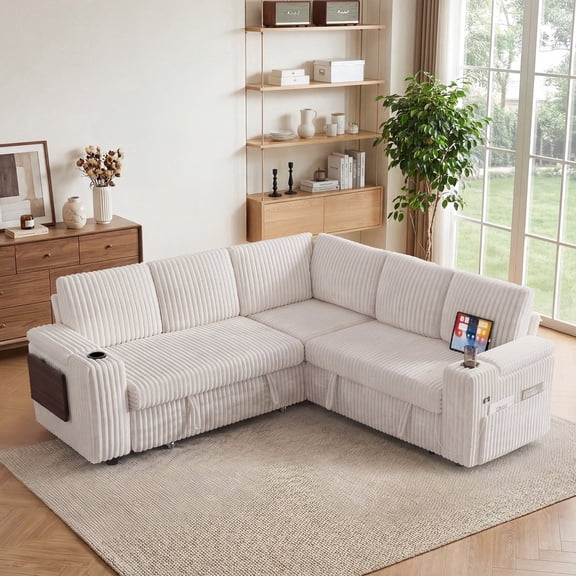 85" Modular Sectional Sleeper Sofa with Pull Out Bed, 5 Seat Plush V Shaped Couch with Storage Chaise|USB Ports|Cup Holders|Side Table|Storage Armrests, Tool Free Assembly, Corduroy Fabric White