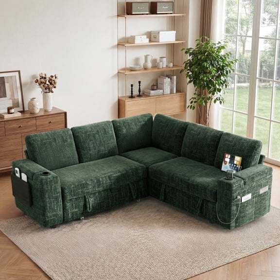 85" Modular Sectional Sleeper Sofa with Pull Out Bed, 5 Seat Plush V Shaped Couch with Storage Chaise|USB Ports|Cup Holders|Side Table|Storage Armrests, Tool Free Assembly, Chenille Fabric Green