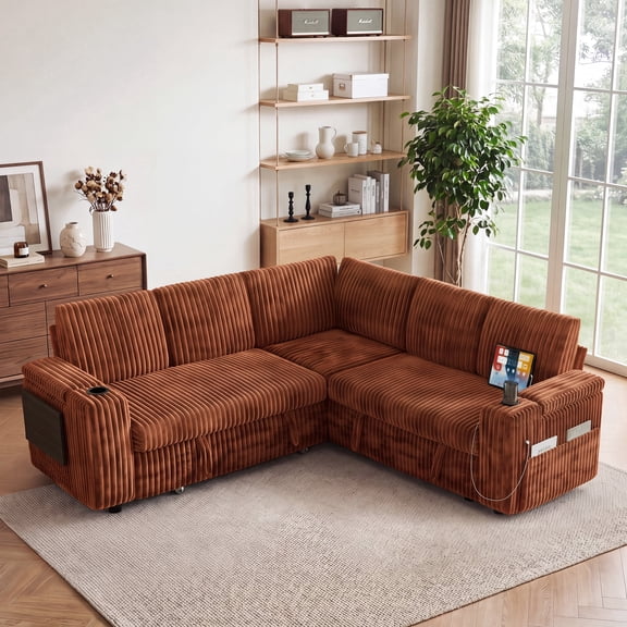 85" Modular Sectional Sleeper Sofa with Pull Out Bed, 5 Seat Plush V Shaped Couch with Storage Chaise|USB Ports|Cup Holders|Side Table|Storage Armrests, Tool Free Assembly, Corduroy Fabric Orange