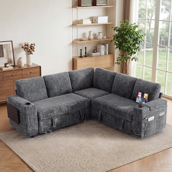 85" Modular Sectional Sleeper Sofa with Pull Out Bed, 5 Seat Plush V Shaped Couch with Storage Chaise|USB Ports|Cup Holders|Side Table|Storage Armrests, Tool Free Assembly, Chenille Fabric Dark Gray