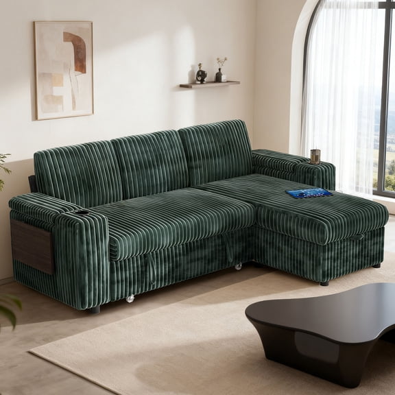 85" Modular Sectional Sofa, L Shaped 3-Seater Sleeper Sofa with Pull Out Bed &Hidden Storage, Cup Holders & USB.