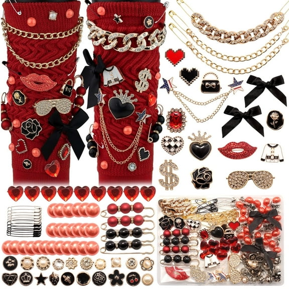 85 Pcs Boxed Red Black Gold Junk Socks Charms Kit for Women, Bling Jewelry Charms with Bows Pearl Rhinestone Brooches Chains Safety Pins, for Shoes Sneakers