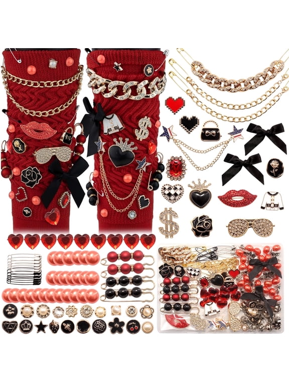 85 Pcs Boxed Red Black Gold Junk Socks Charms Kit for Women, Bling Jewelry Charms with Bows Pearl Rhinestone Brooches Chains Safety Pins, for Shoes Sneakers