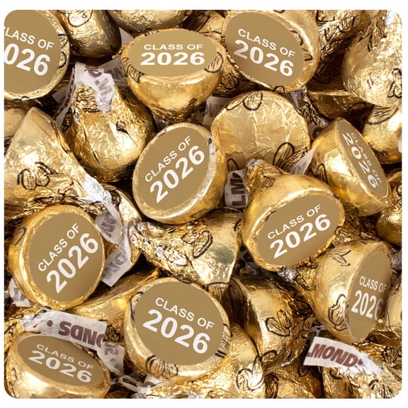 85 Pcs Gold Graduation Stickered Class of 2026 Chocolate Almond Kisses (13.6oz Bag) - By Just Candy